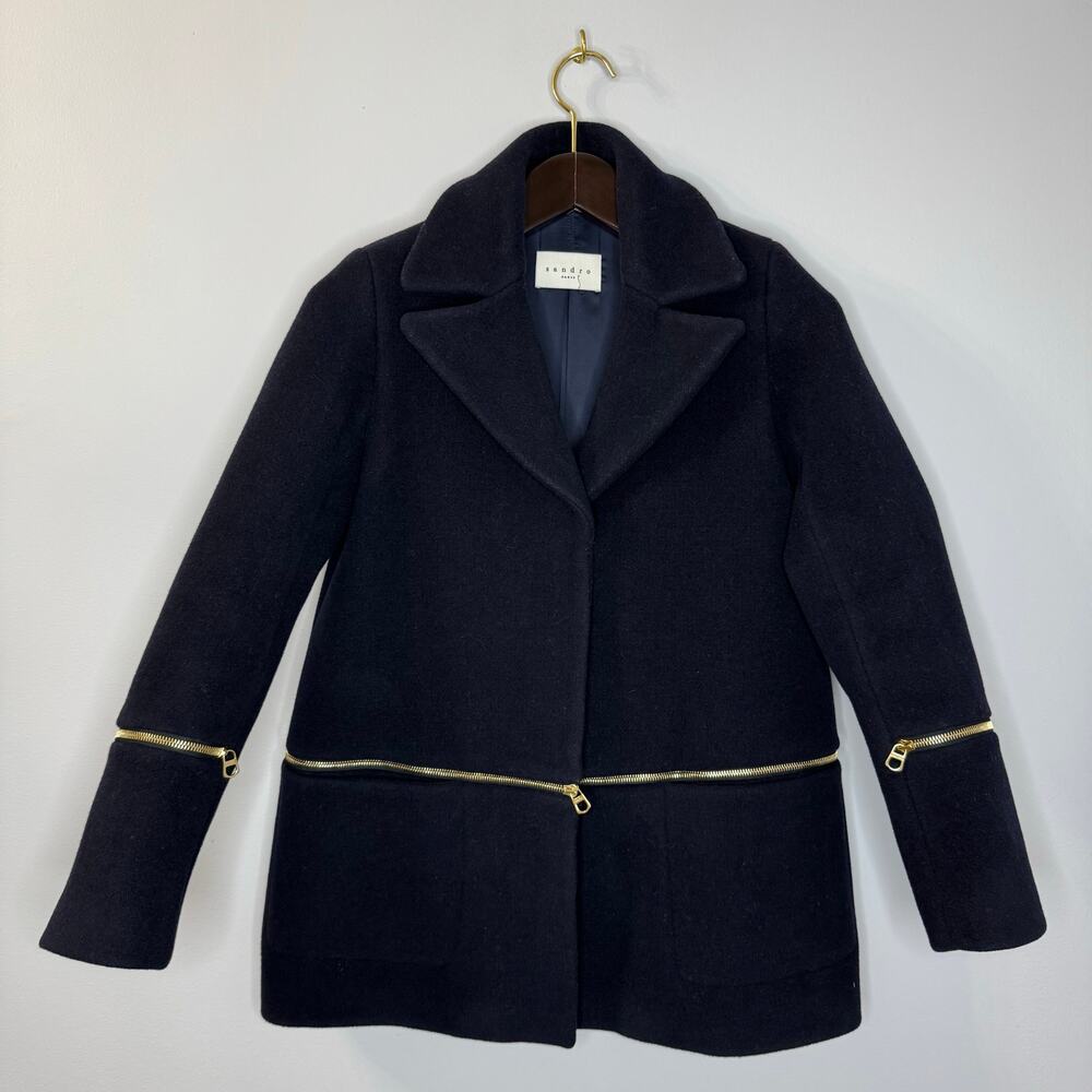 Sandro Navy & Gold Wool Zip Wool Blend Peacoat Jacket Women's 36 S